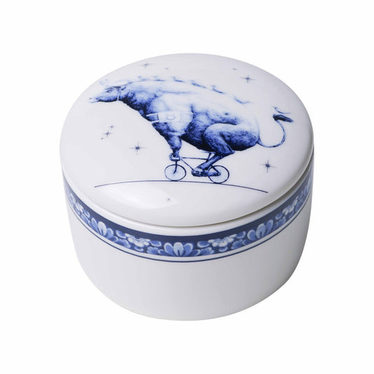 HEINEN DELFTS BLAUW, REDMER HOEKSTRA ZODIAC CANDLE 'TAURUS', WITH REUSABLE CERAMIC LIDDED CONTAINER, DIAMETER 7.5cm.