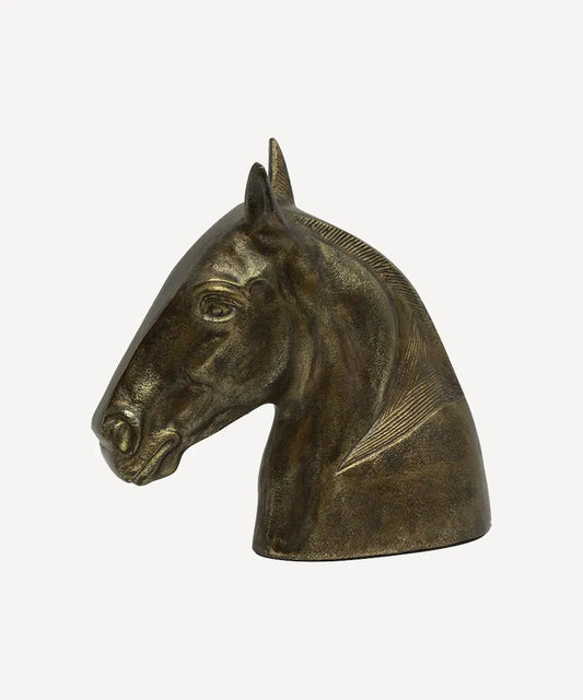 HORSE HEAD DECORATOR FIGURE, ALUMINIUM WITH BRASS FINISH, 28.5 x 10 x 28.5cm.