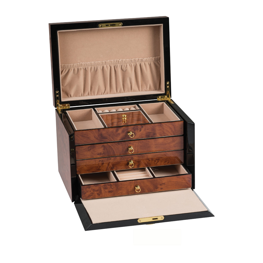 DELUXE POLISHED VENEER JEWELLERY BOX, WITH FOUR TRAYS AND LOCK, 28x20x19.5cm.