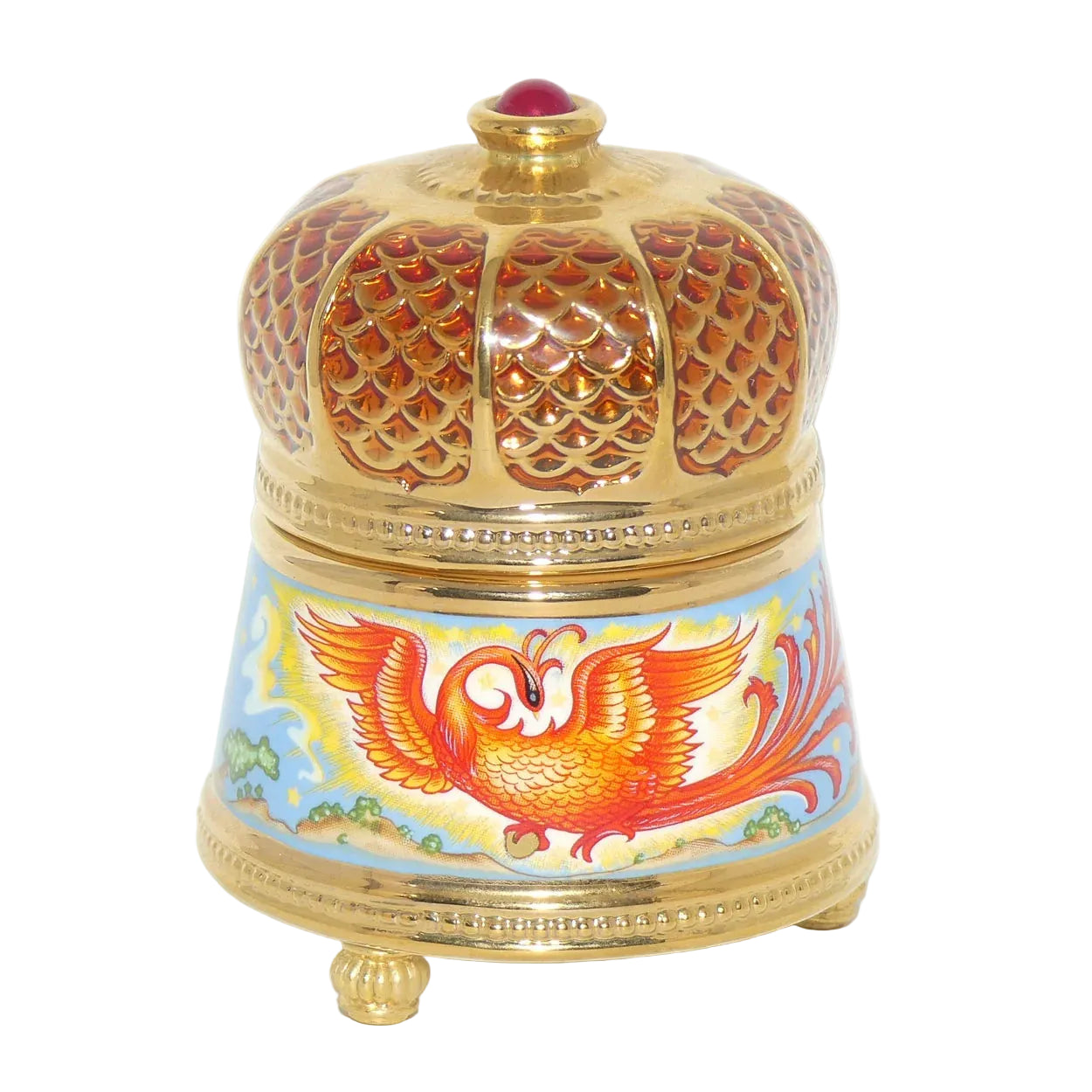 A decorative gold-plated metal keepsake box with a crown-shaped lid and a painted phoenix design on the body, set against a plain white background.