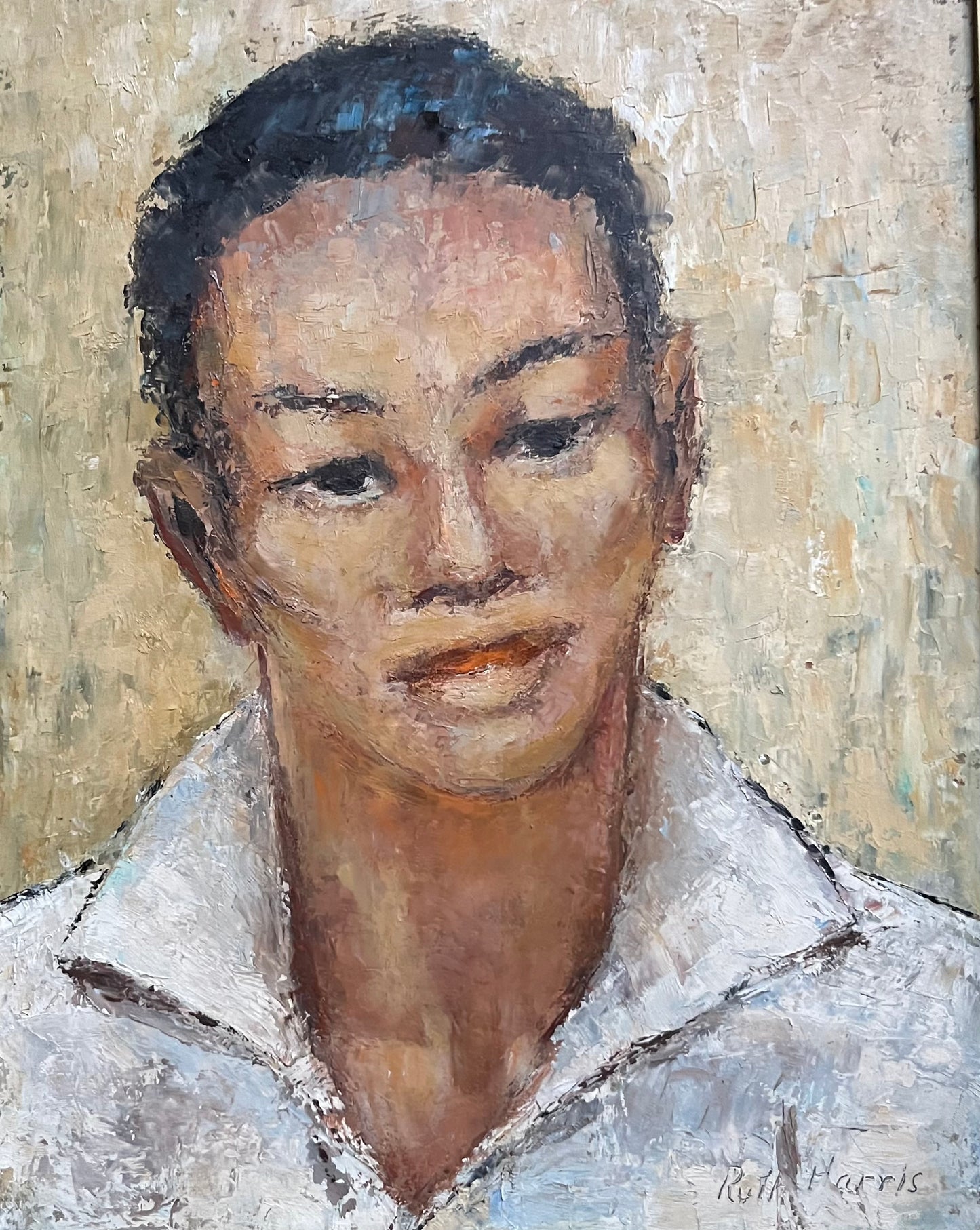 RUTH HARRIS, PORTRAIT OF A MAN, ACRYLIC ON BOARD.