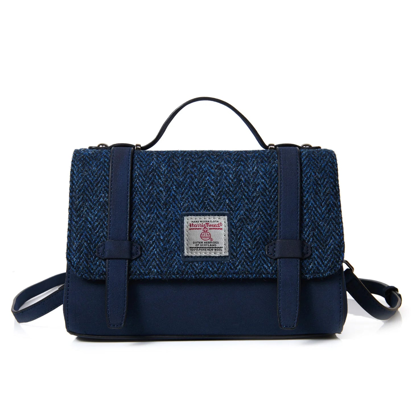 ORKNEY HANDBAG WITH SHOULDER STRAP, NAVY HERRINGBONE HARRIS TWEED TARTAN, L:25cm H:15cm W:10cm