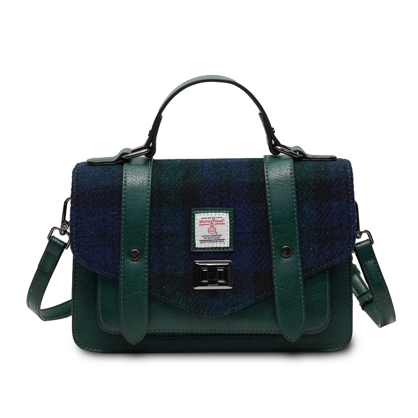 ISLANDER MEDIUM SATCHEL, BLACKWATCH TARTAN HARRIS TWEED TARTAN, WITH DETACHABLE SHOULDER STRAP, 28 x 19 x 9cm.