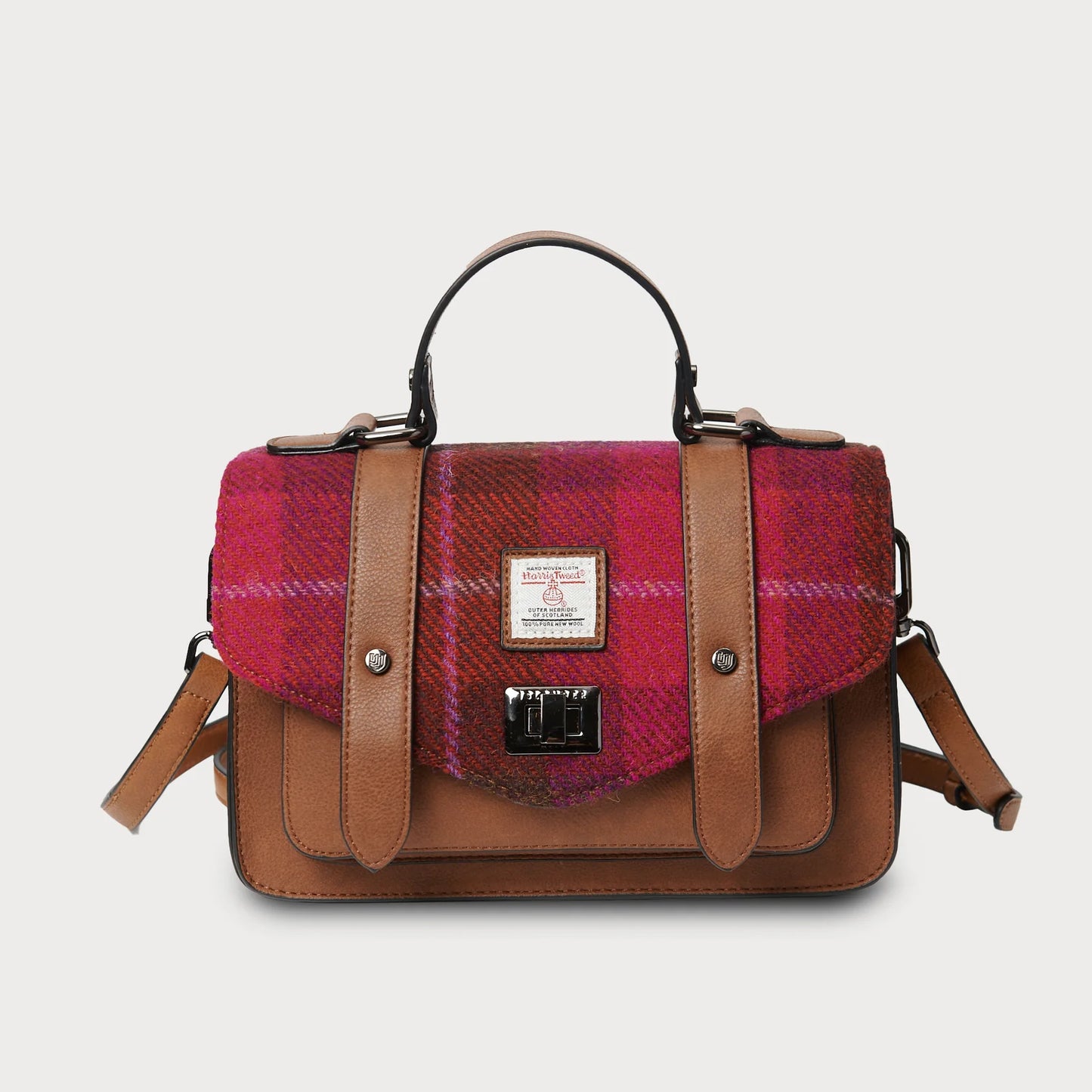 ISLANDER MEDIUM SATCHEL, FUCHSIA TARTAN HARRIS TWEED TARTAN, WITH DETACHABLE SHOULDER STRAP, 28 x 19 x 9cm.
