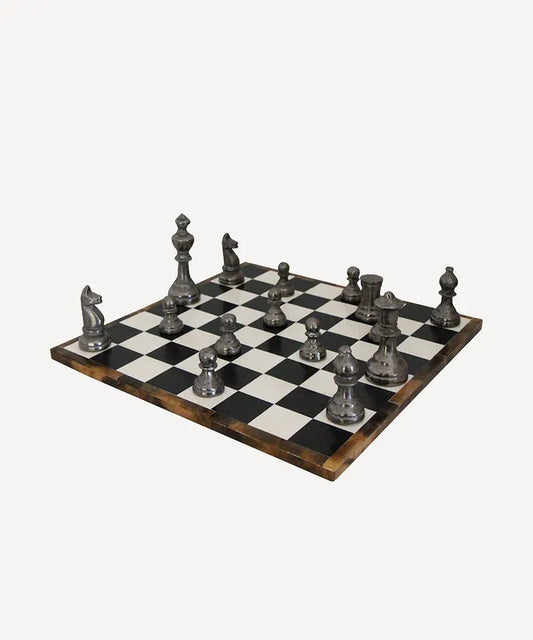 THIRTY TWO PIECE CHESS SET, WITH WOODEN INLAID BOARD AND ALUMINIUM CHESS PIECES, 22 x 22 x 2cm