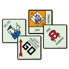 SET OF FOUR MANOPOLY DRINK COASTERS, EACH 10cm SQUARE.
