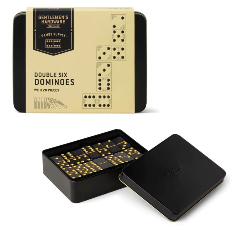 GENTLEMEN’S HARDWARE, DOUBLE-SIX DOMINO GAME, PRESENTED IN A TIN CASE.
