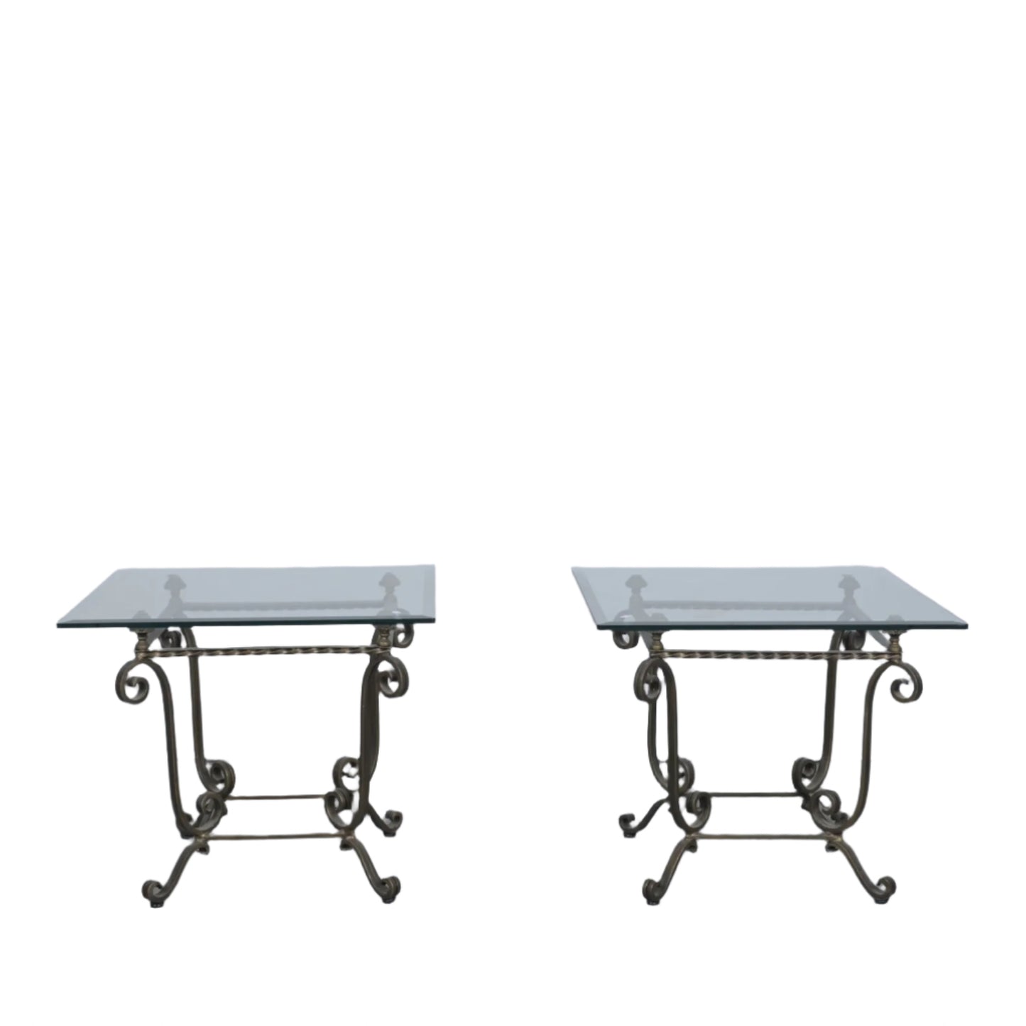 A PAIR OF BRASS STYLE METAL AND GLASS SIDE TABLES, 55 x 65 x 65cm