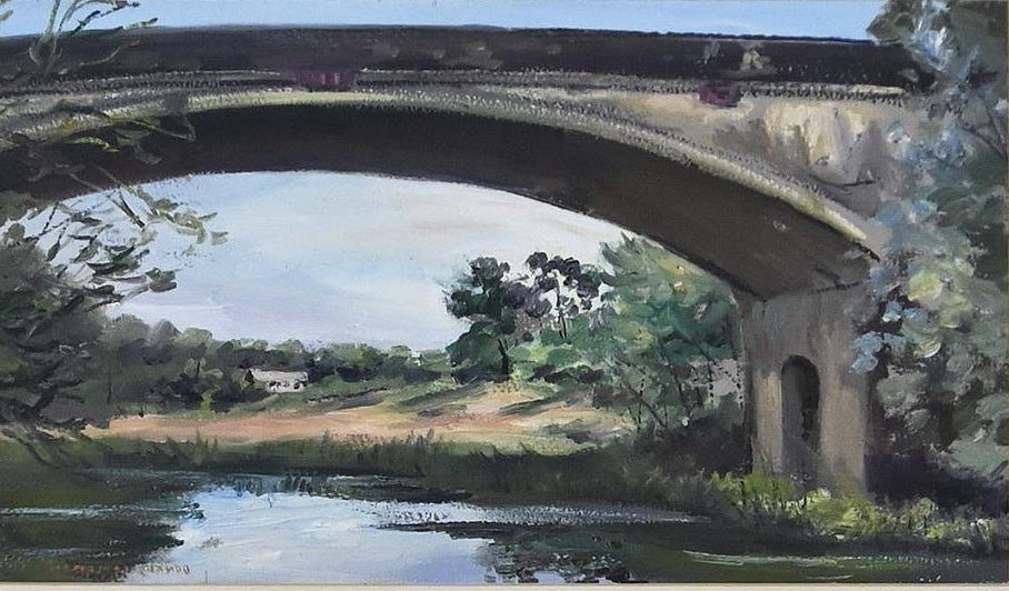 DONALD CAMERON, BRIDGE AT FYANSFORD, VICTORIA, OIL ON BOARD, SIGNED LOWER RIGHT, 25 X 42.5CM, FRAME SIZE: 55 X 71CM