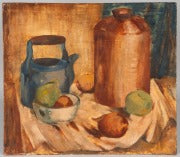 RICHARD FRANCIS LAHEY, AMERICAN (1893-1978), ‘STILL LIFE WITH KETTLE, JUG & FRUIT’ OIL ON BOARD, CIRCA 1940.