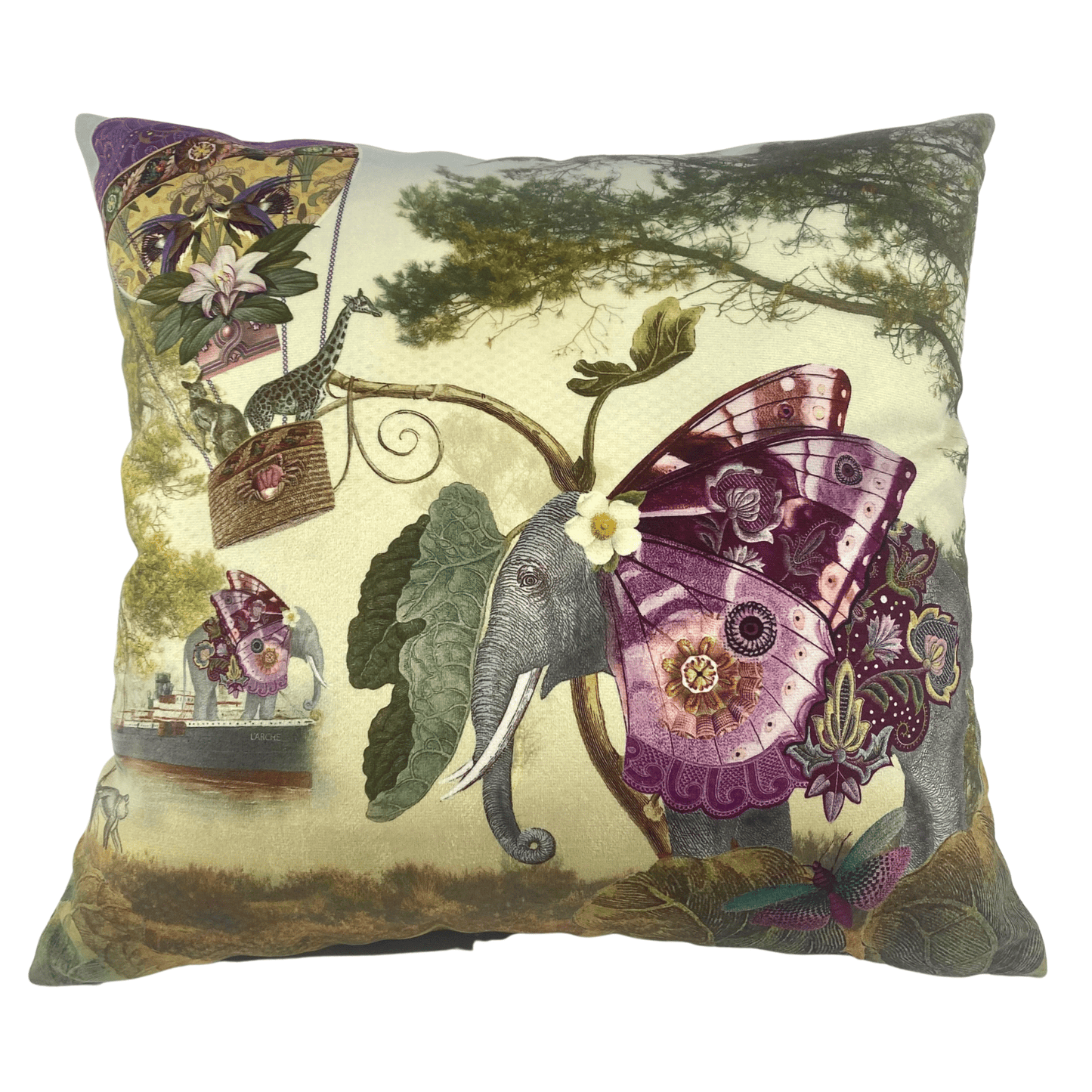 ISABELLE FRIOUX COLLECTION, ELEPHANT WITH BUTTERFLY VELOUR CUSHION, MADE IN FRANCE, 40cm SQUARE.