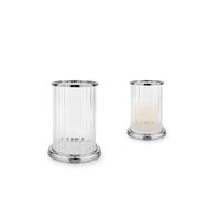 A PAIR OF SILVER PLATE AND GLASS HURRICANE CANDLE HOLDERS, 20cm SMALL.
