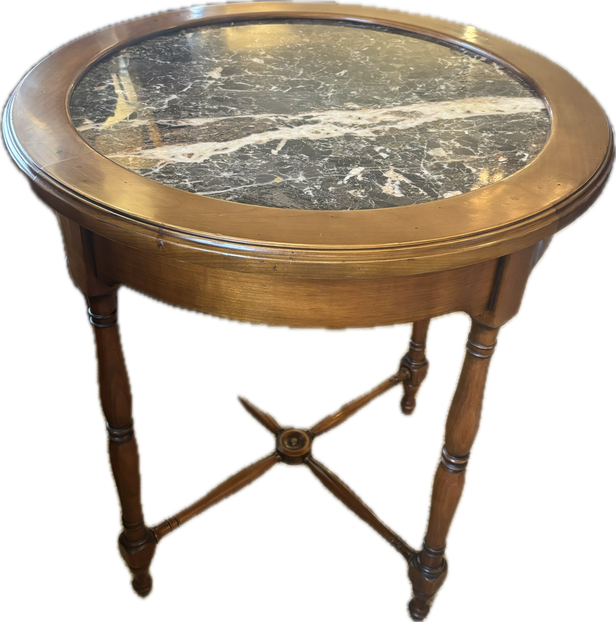RICHELIEU DIRECTOIRE STYLE MARBLE TOP ROUND CHERRYWOOD TABLE, DIAMETER 78cm, HEIGHT 74cm.