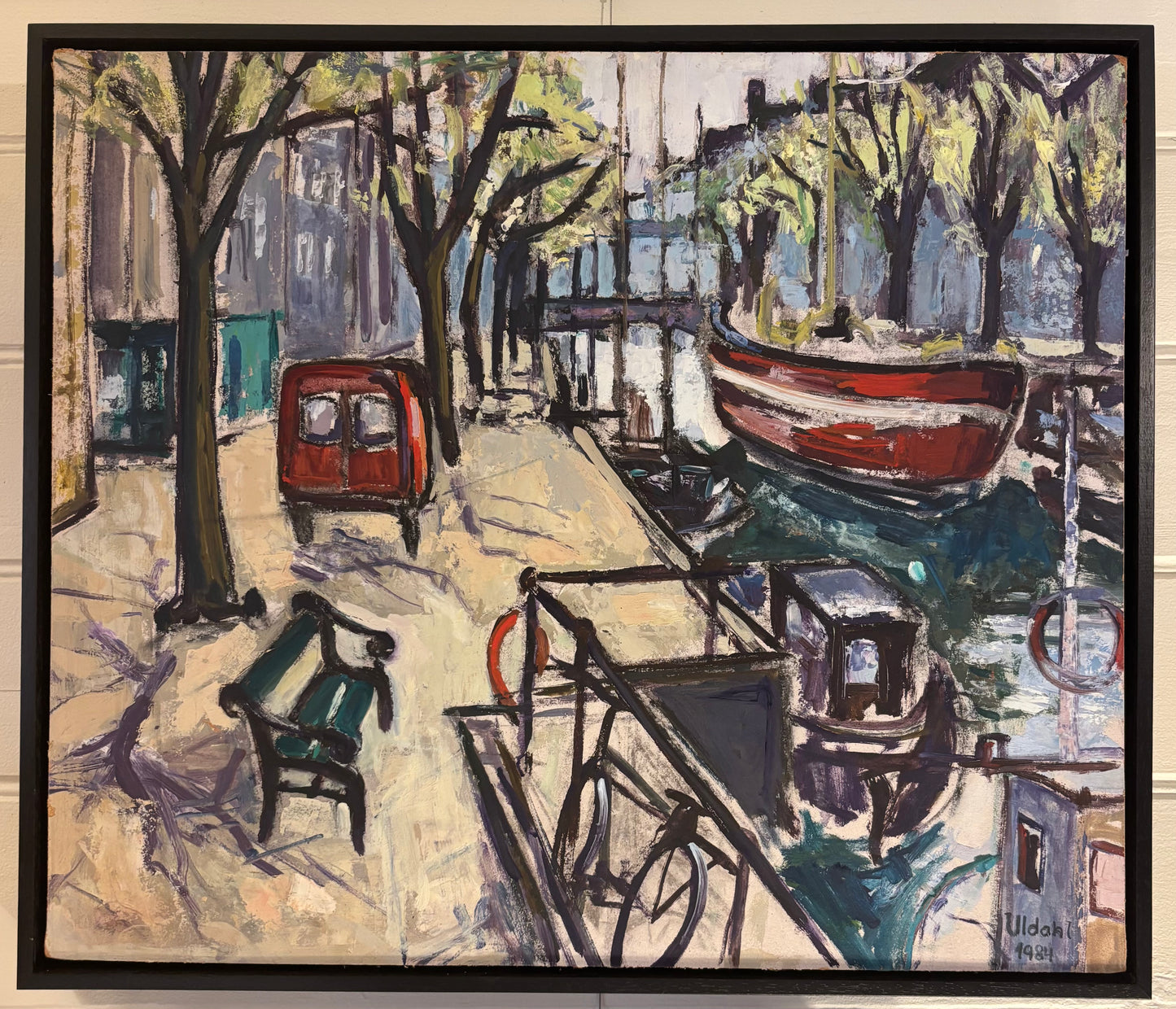 ULDHAL, AMSTERDAM CANAL SCENE, OIL ON BOARD SIGNED LOWER RIGHT, 1984, 58 X 68cm, CUSTOM MADE FRAME.