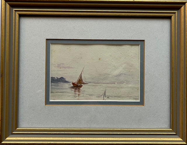 SAIL BOAT, VINTAGE MINIATURE WATER COLOUR, IMAGE 11.5 x 7cm, FRAME 23 x 18cm.