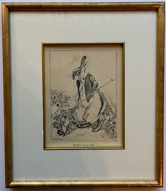 GULLIVER BUNNY, ORIGINAL BOOK ILLUSTRATION by ERNEST ARIS, ILLUSTRATION 16 x 21cm, FRAME 32 x 36cm.