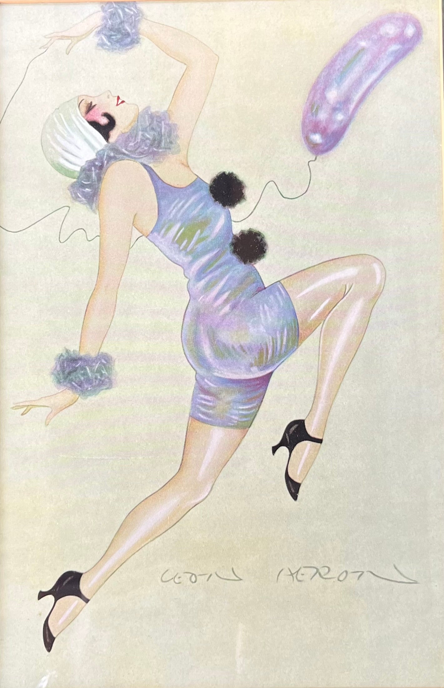 ‘FOLLY’ ORIGINAL FRAMED ART DECO PRINT, SIGNED LEON HERON, PRINT 30 x 19cm, FRAME 41 x 31cm.