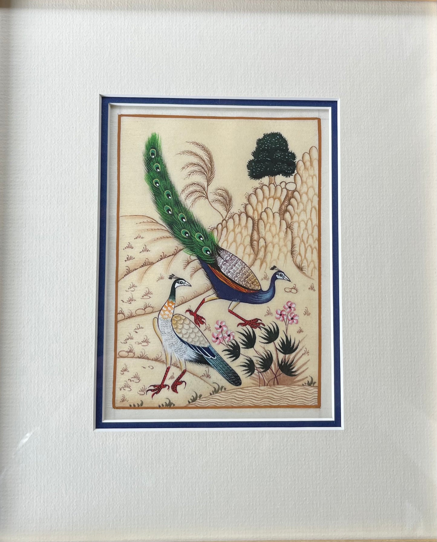 FRAMED PEACOCK HAND PAINTED ON SILK, IMAGE 11 x 15cm, FRAME 26 x 31cm.