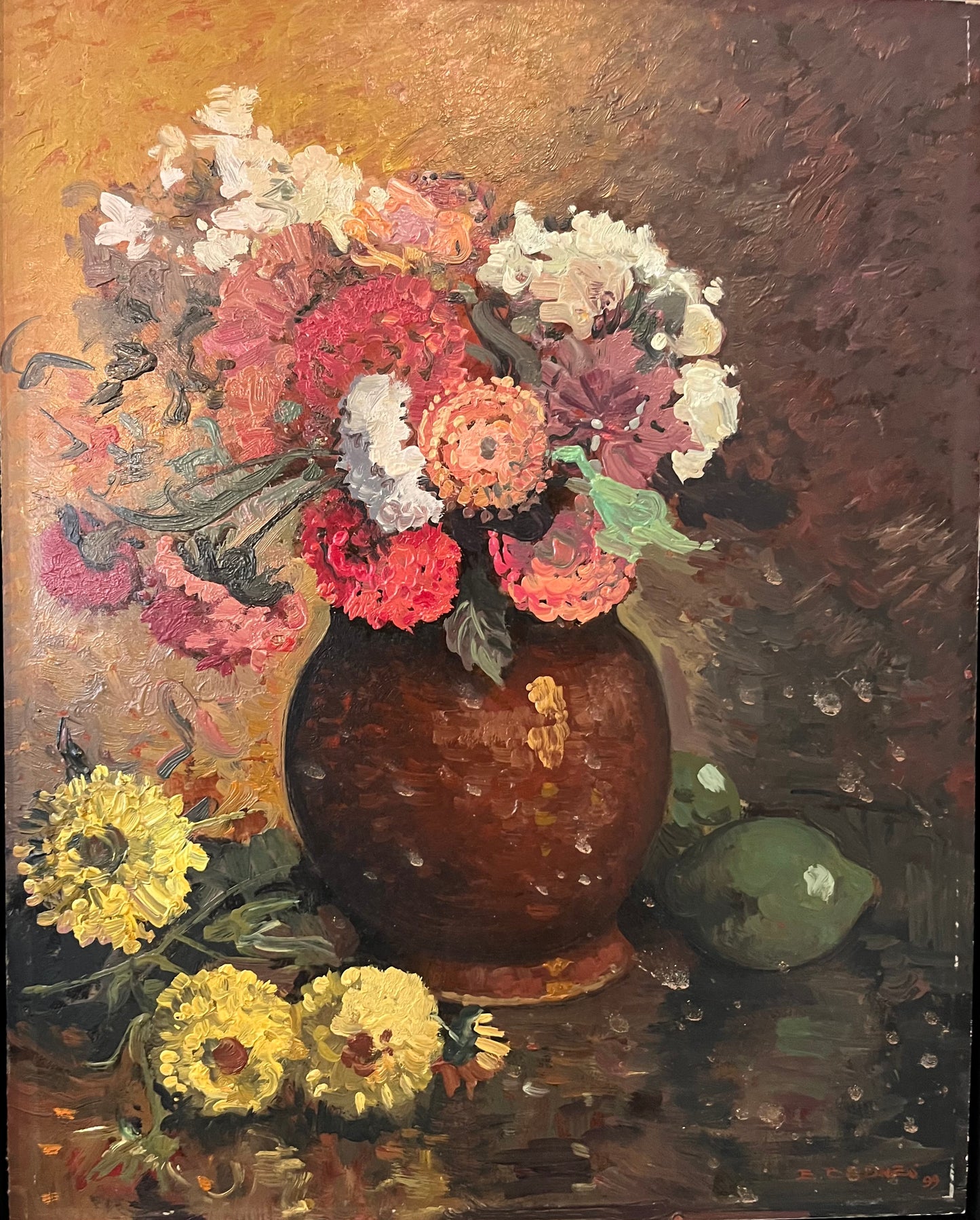 EMILE BEDNES, (BORN 1938) STILL LIFE WITH FLOWERS, OIL ON BOARD, SIGNED LOWER RIGHT, CIRCA 1999.