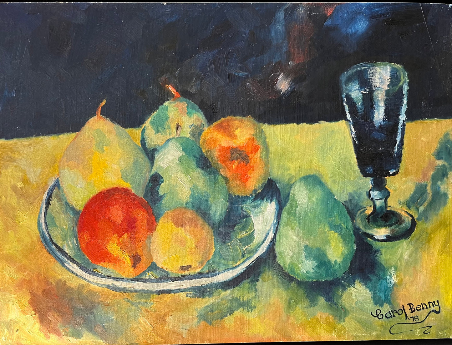CAROL BENNY, STILL LIFE WITH FRUIT AND WINE GLASS, OIL ON BOARD, SIGNED LOWER RIGHT, 50 x 70cm.
