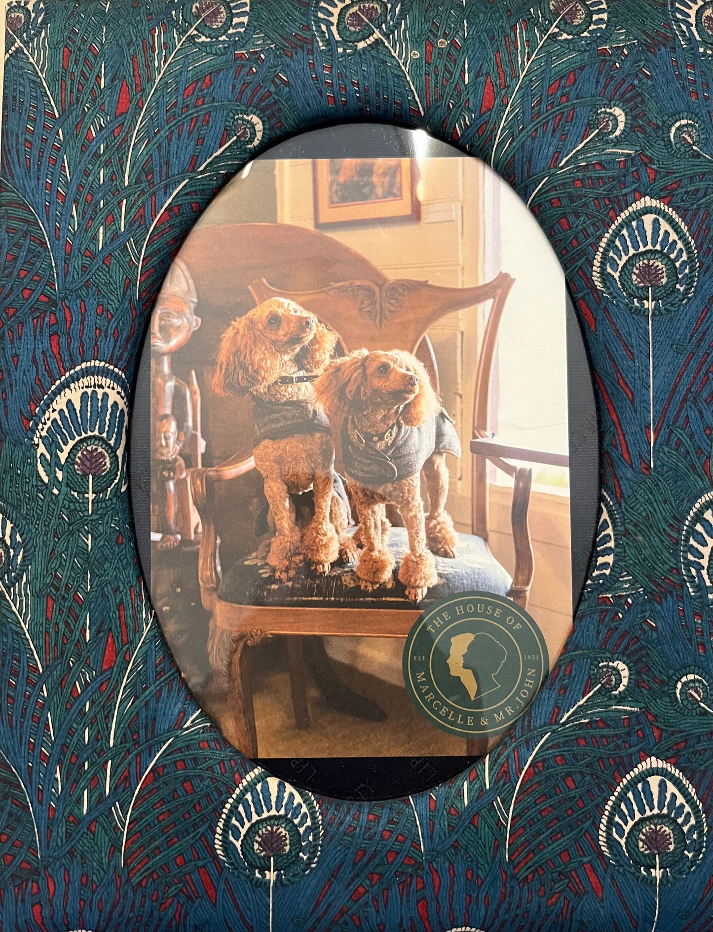 LIBERTY, PEACOCK PATTERN SILK PICTURE FRAME, 18 x 23cm.