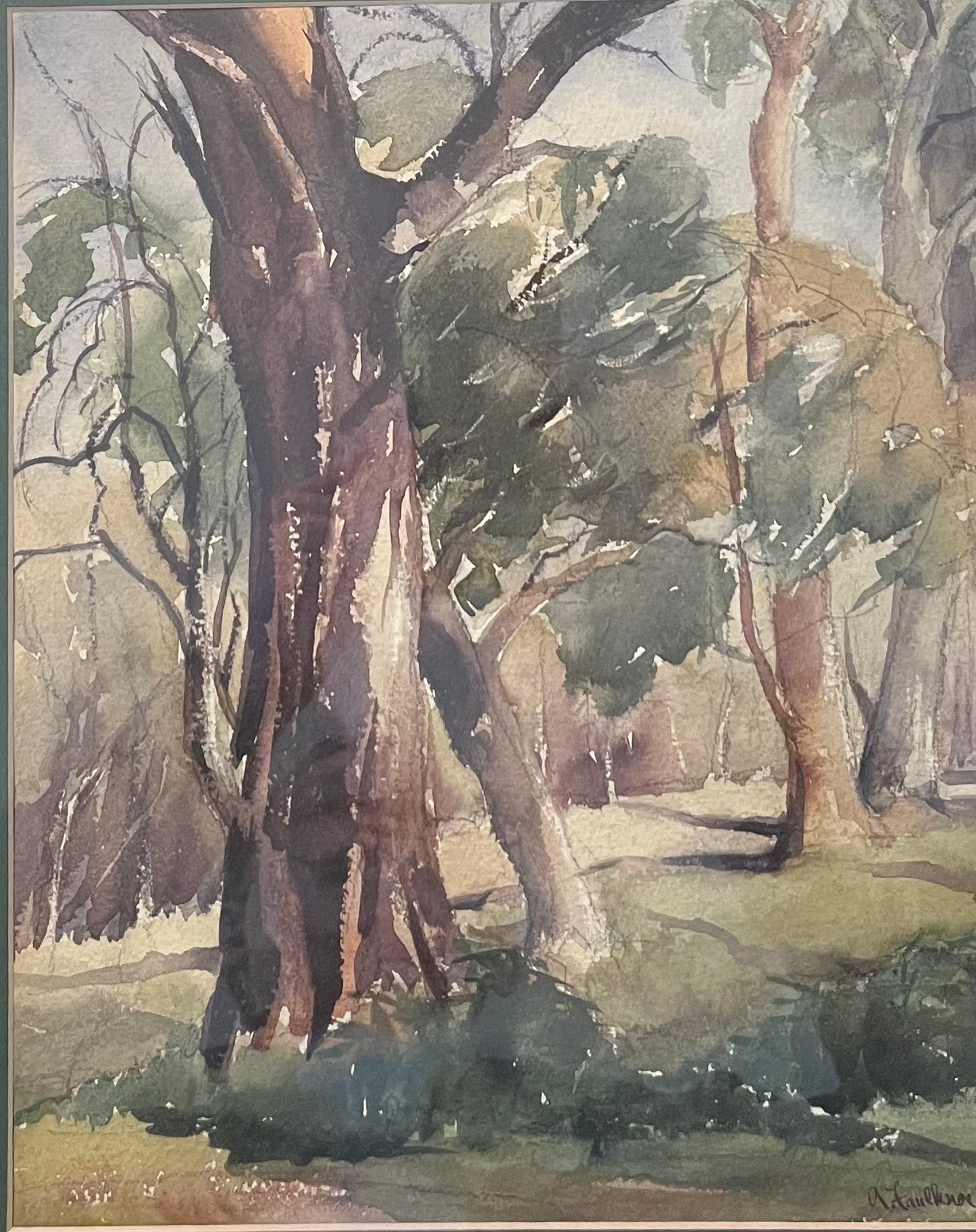 A. FAULKNER, WOODEND VICTORIA, WATER COLOUR, IMAGE 30 x 24cm, ORIGINAL FRAME 50 x 44cm.