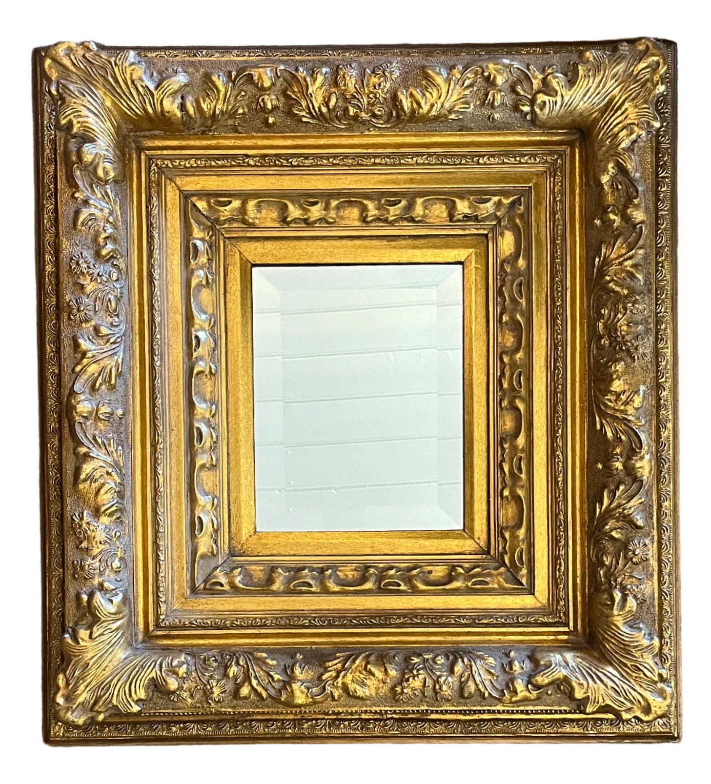 ROCCOCO STYLE ORNATE GOLD FRAMED BEZELED MIRROR, FRAME 54 x 64cm, MIRROR 19 x 24mm.