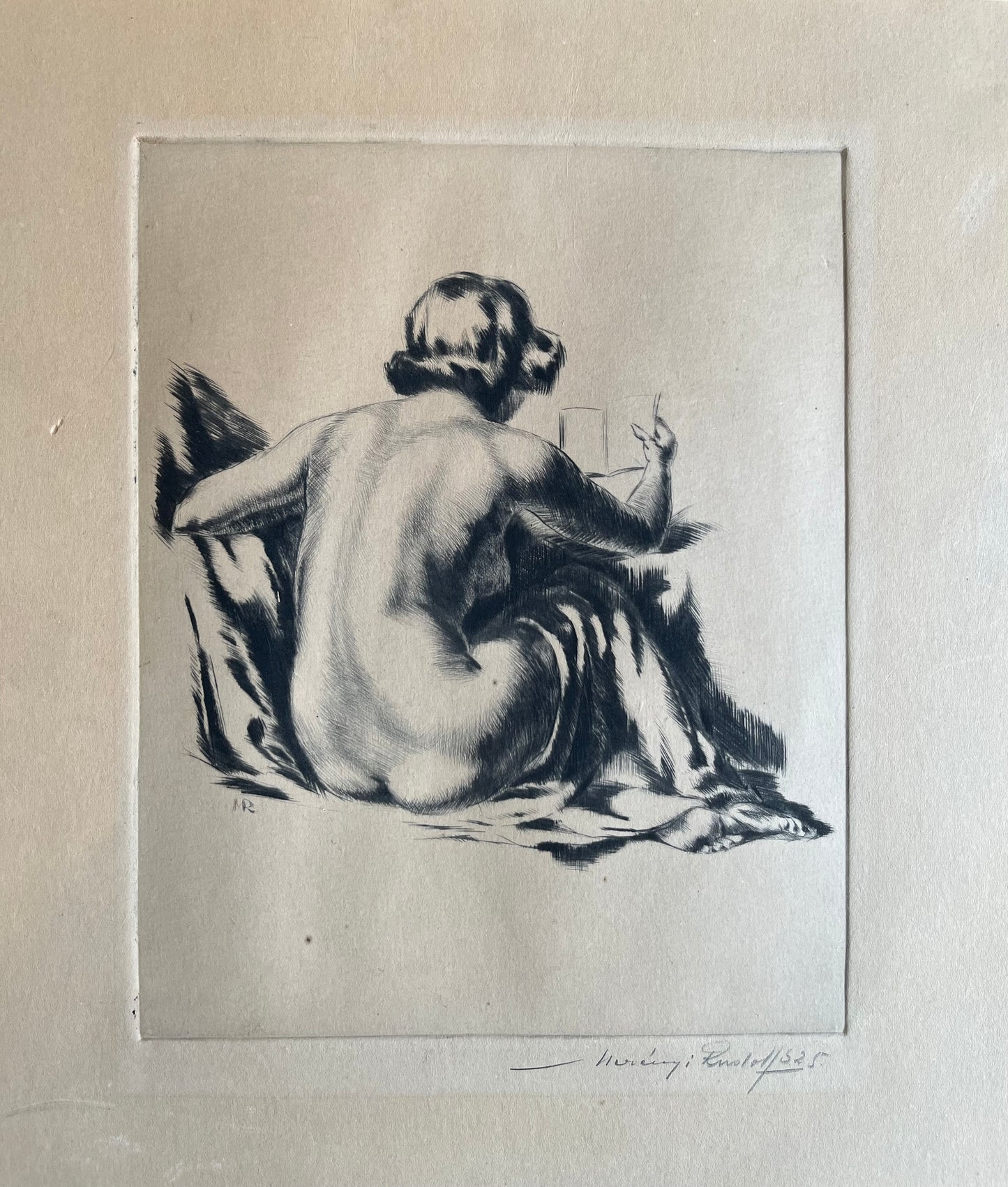 NUDE STUDY, RUDOLF MERENYI (1893-1957) NUMBERED ETCHING, SIGNED, IMAGE 23 x 29cm, FRAME 36 x 41cm.