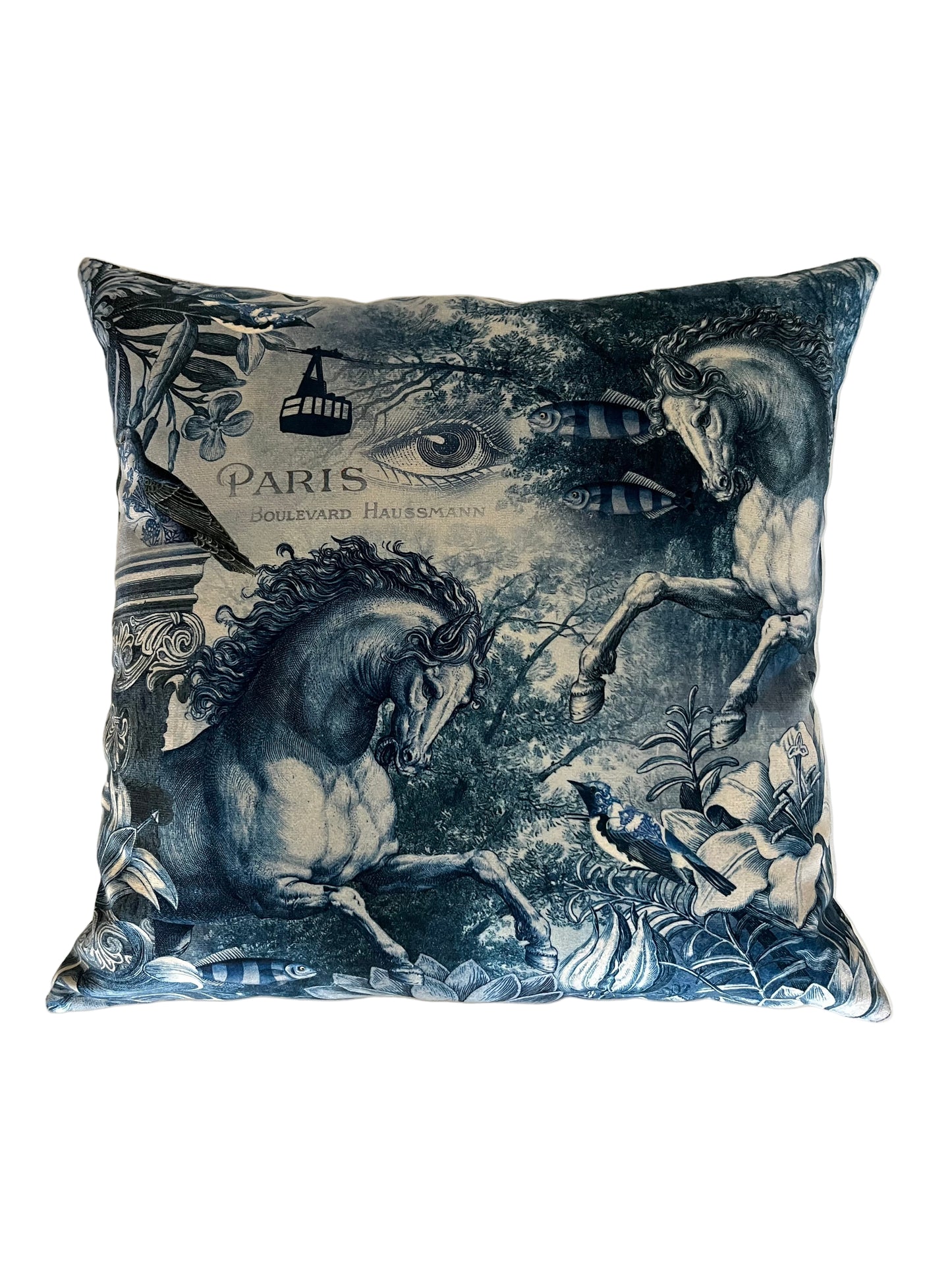 BLUE HORSES VELVET CUSHION, 40cm SQUARE, MADE IN FRANCE.