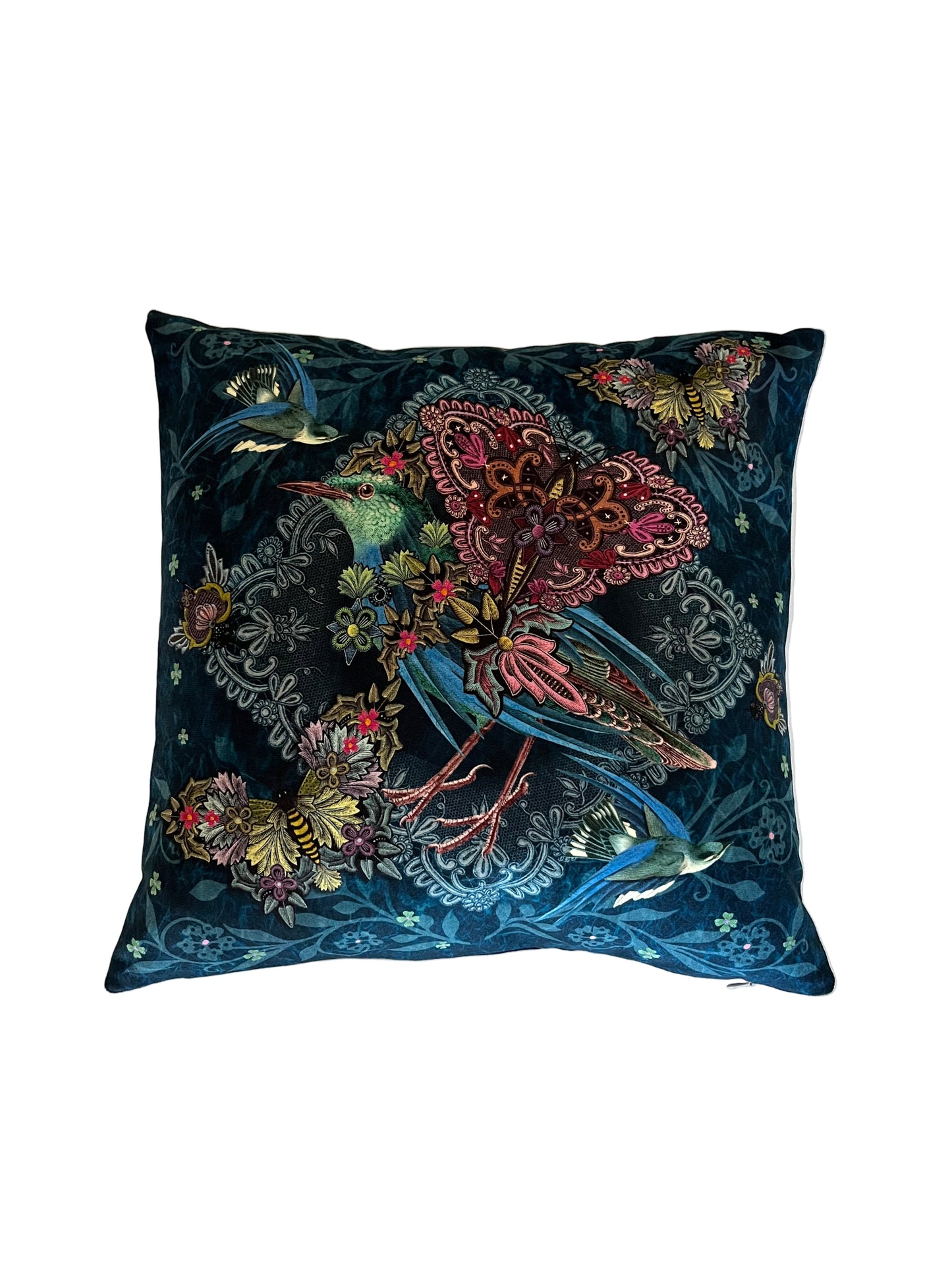 EXOTIC BLUE BIRD WITH THREE BUTTERFLIES VELVET CUSHION, 40cm SQUARE, MADE IN FRANCE.