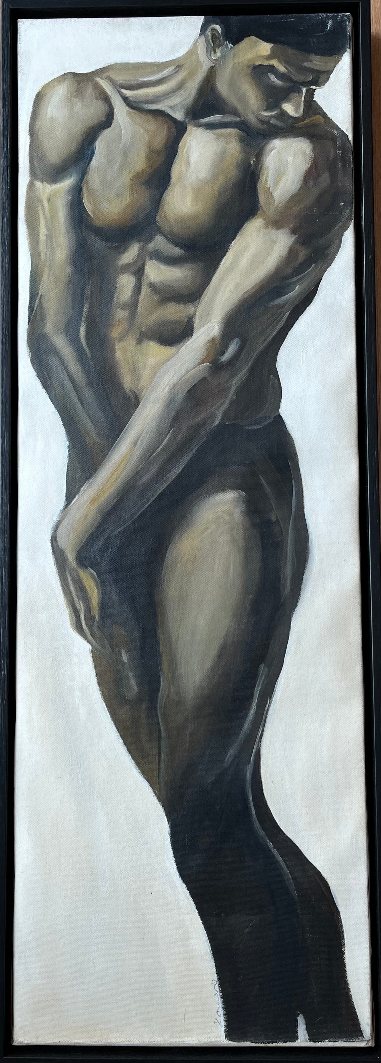 BRUTALIST MALE NUDE, OIL ON CANVAS, ARTIST UNKNOWN, CUSTOM WOODEN FRAME, 30 X 90cm.