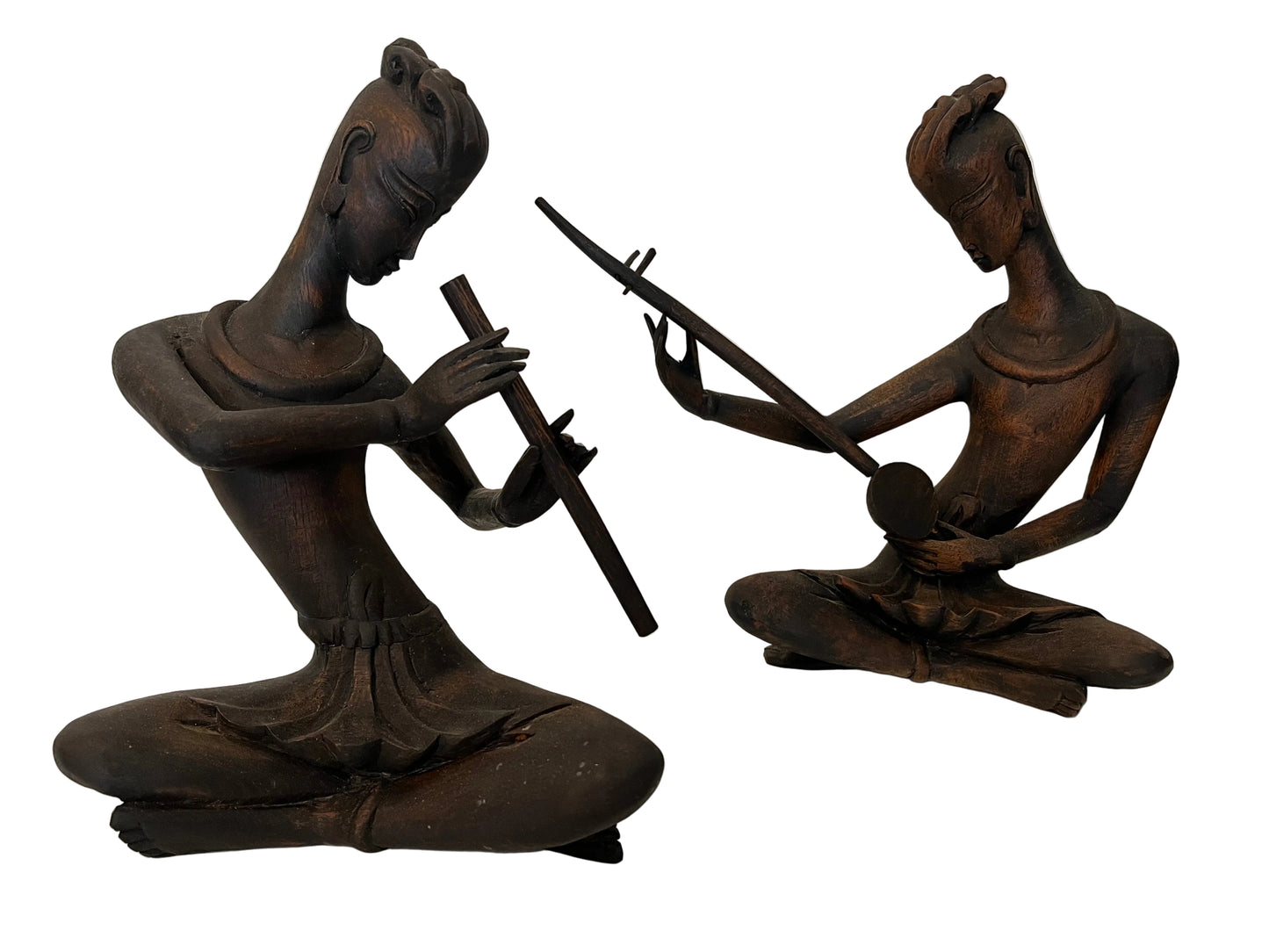 A PAIR OF THAI HAND-CARVED 'MUSICAL RHYTHM' WOODEN FIGURES, IN THE STYLE OF KHEIN YIMSIRI, EACH APPROXIMATELY 30 x 24cm, CIRCA 1960.