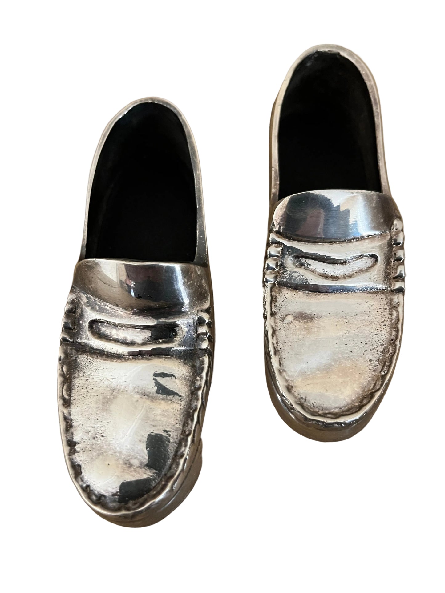 A PAIR OF ORNAMENTAL SILVER ALLOY LOAFERS, LENGTH 12cm.