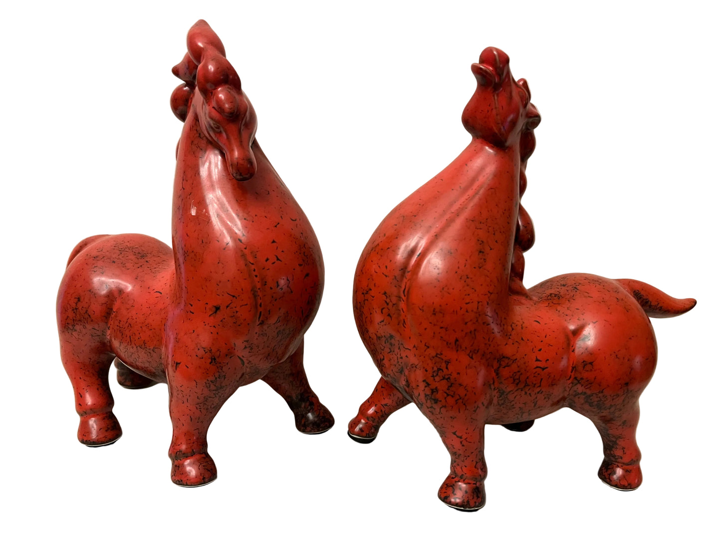 A PAIR OF ‘CHUBBY HORSE’ FIGURES, TRANG LONG CERAMICS VIETNAM, FLAMBÉ SATIN FINISH GLAZE, HEIGHT 20cm, WIDTH 18cm.