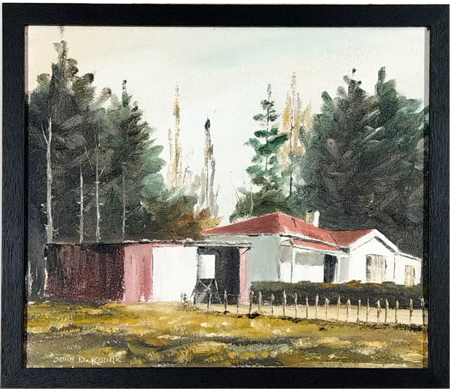 JOHN D. KODRIC, FARM HOUSE NEAR WAIMAUKU, ACRYLIC ON BOARD, IMAGE 37 x 32cm, CUSTOM MADE FRAME 41 x 36cm.