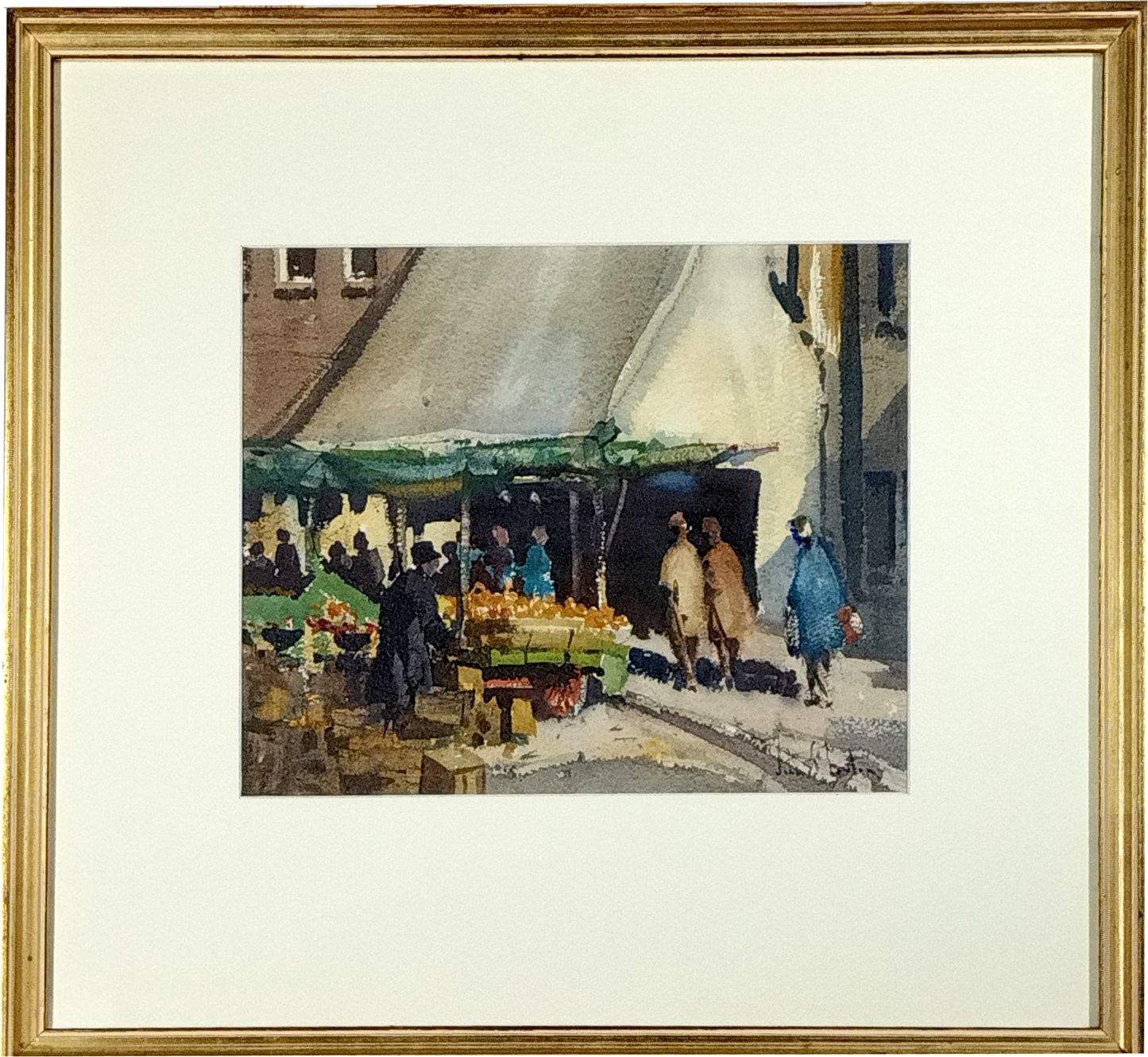 JOHN LUXTON (1903-1969) MARKET DAY, ITALY, WATER COLOUR, CIRCA 1950, SIGNED LOWER RIGHT, 28 x 24cm, ORIGINAL GILDED FRAME 49 x 46cm.