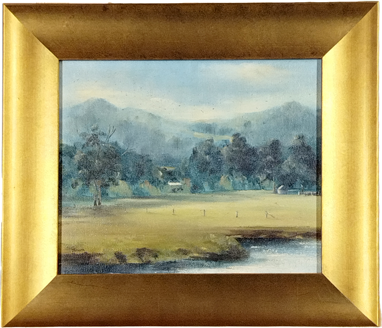 JOY SMITH, WINTER AT LAUNCHING PLACE, OIL ON BOARD, SIGNED J. SMITH, CIRCA 1980, LOWER LEFT IMAGE 30 x 25cm, CUSTOM MADE FRAME 40 x 50cm.