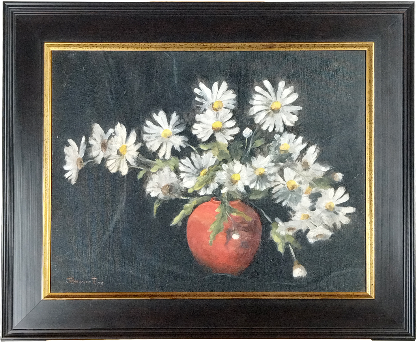 JUNE BENNETT, STILL LIFE WITH DAISIES, OIL ON BOARD, SIGNED LOWER LEFT ‘73, IMAGE 49.5 x 38.5, CUSTOM MADE FRAME, 65 x 54cm.