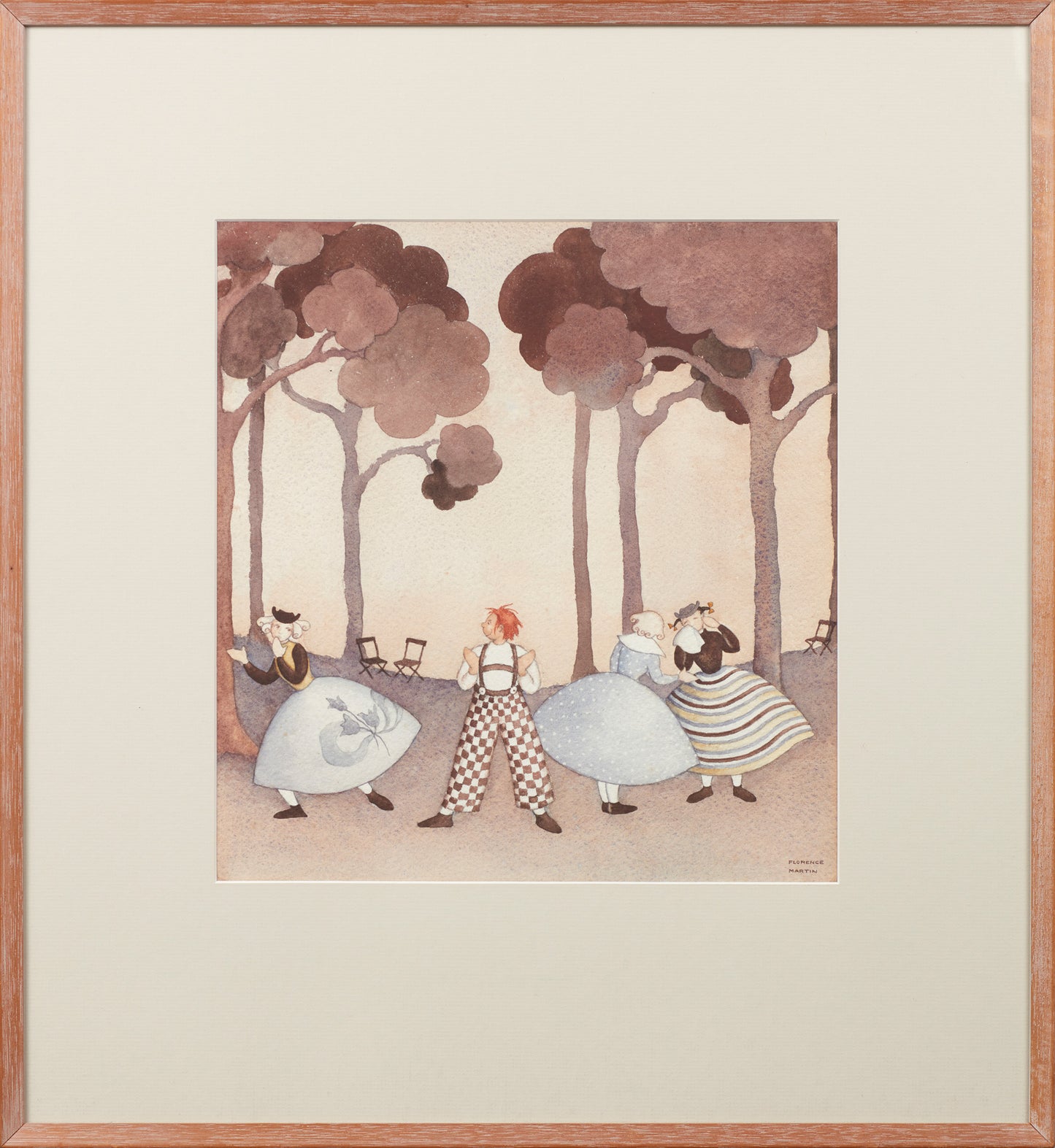 FIGURES IN THE FOREST, FLORENCE MARTIN, 1908-1984, FRAMED WATER COLOUR, SIGNED LOWER RIGHT, IMAGE 30 x 33cm, FRAME 52 x 57cm.