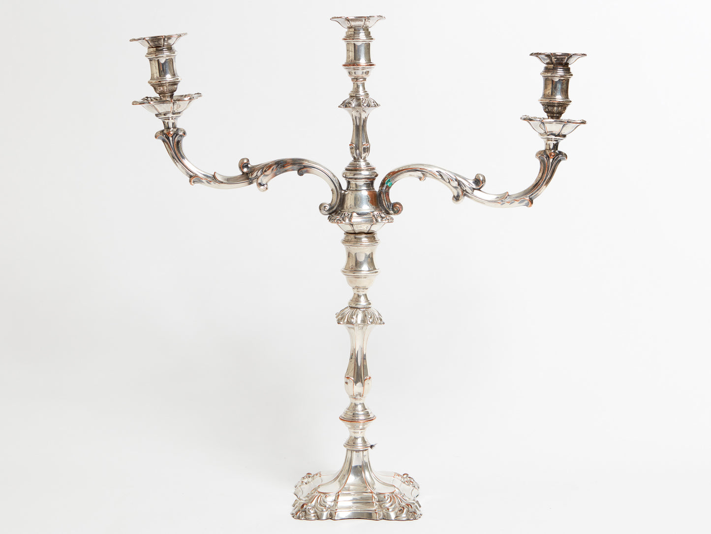 AN IMPRESSIVE PAIR OF SHEFFIELD SILVER PLATED THREE BRANCH CANDELABRA