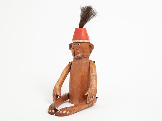 HAND MADE WOODEN MONKEY PUPPET WITH FEZ