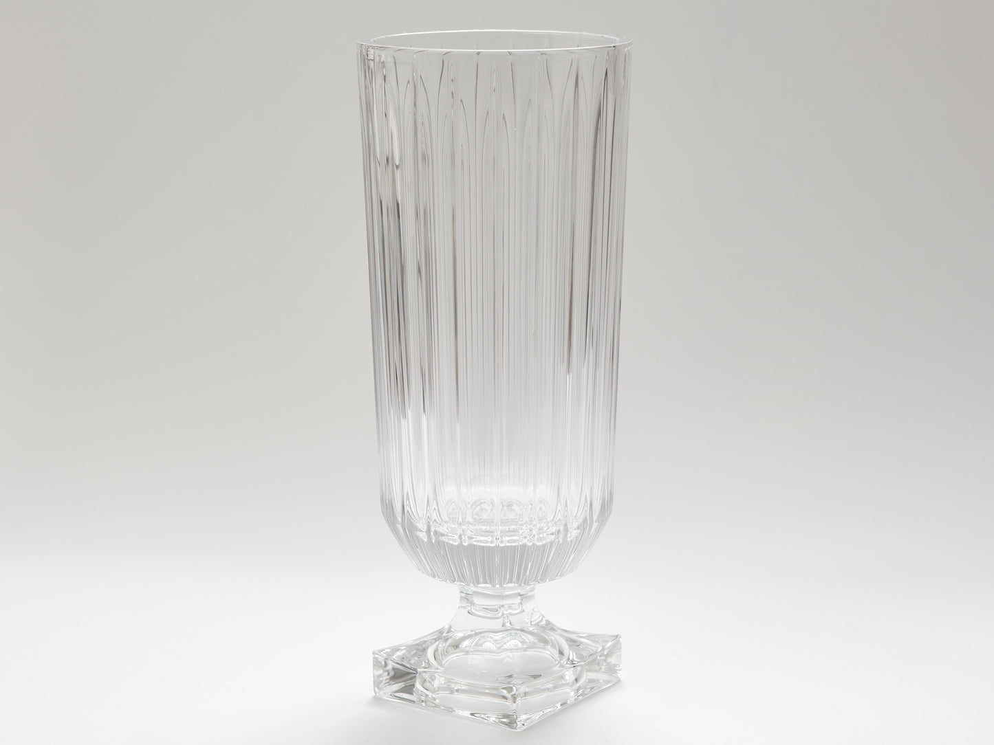 A PAIR OF CRYSTAL FOOTED HURRICANE LAMPS, HEIGHT 39cm.