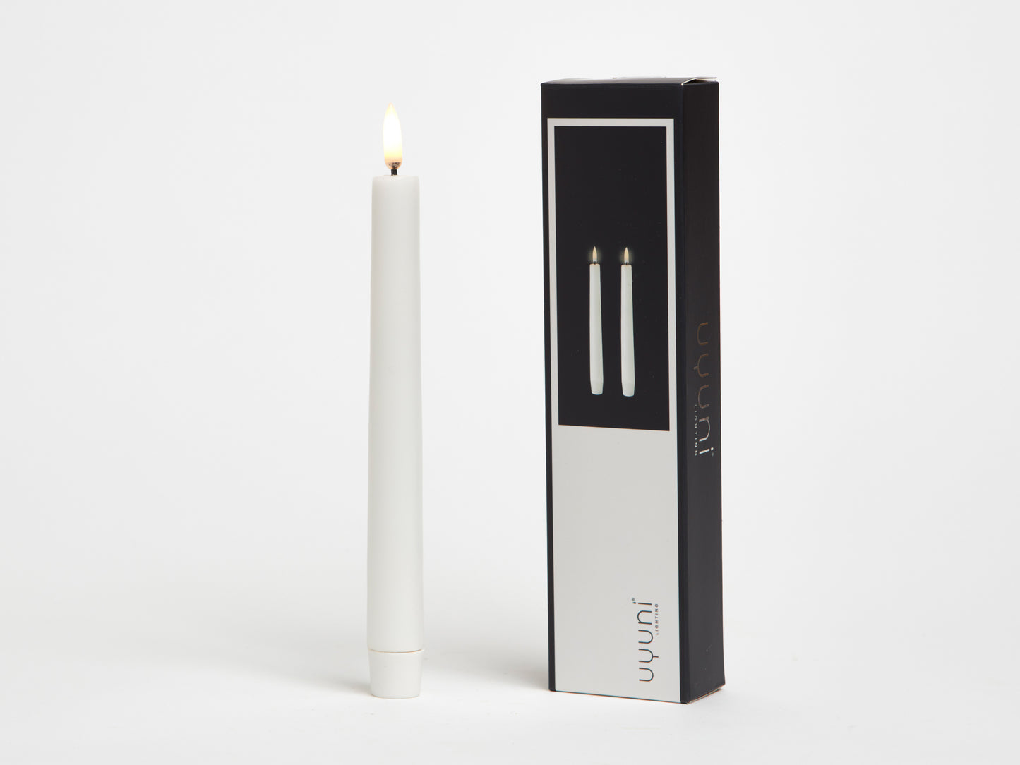 UYUNI REAL WAX FLAMELESS STANDARD TAPER CANDLE 2 PACK, NORDIC WHITE, 2.3 x 25.5cm.Batteries included.
