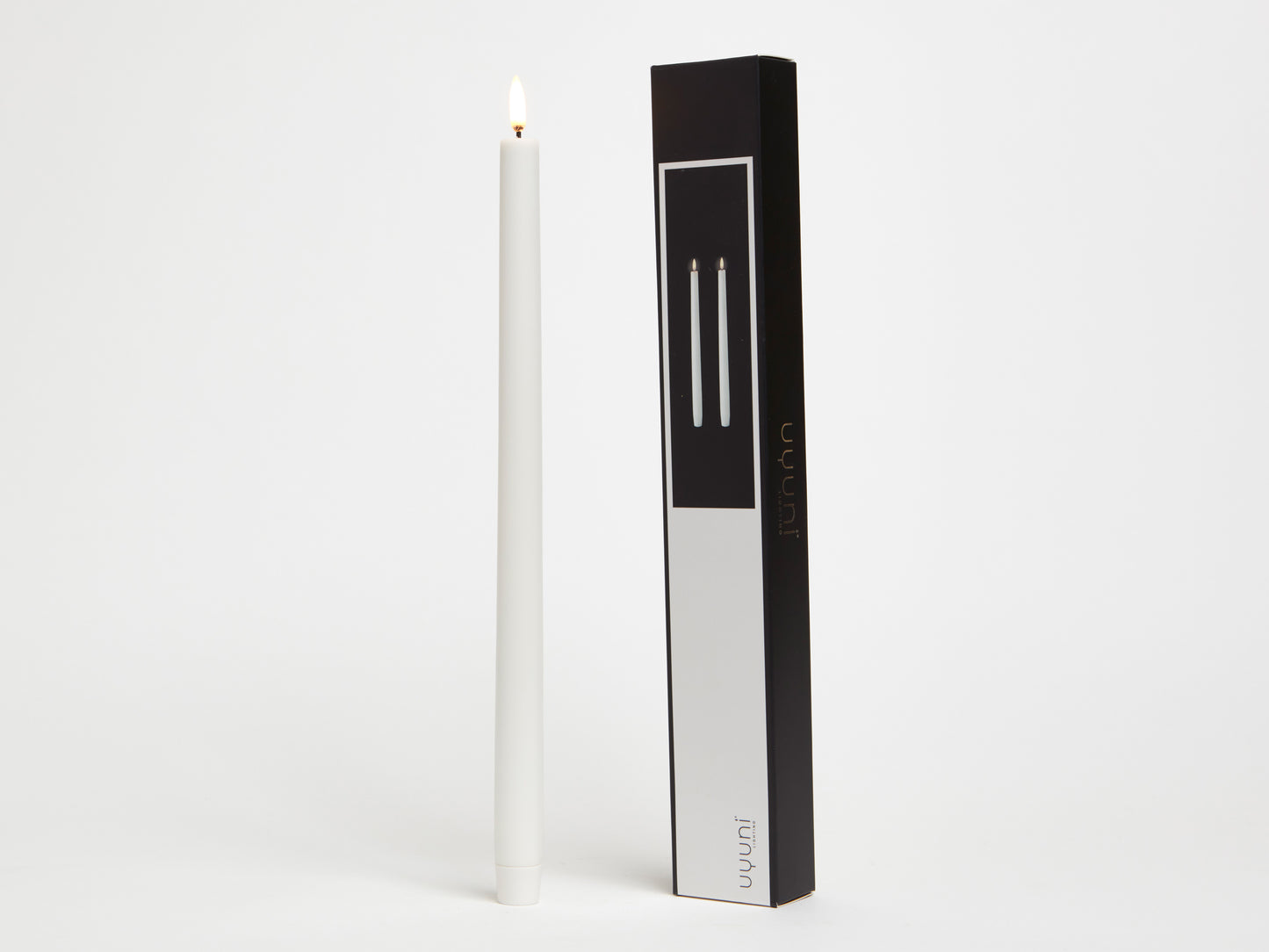 UYUNI REAL WAX FLAMELESS TALL TAPERED CANDLE 2 PACK, NORDIC WHITE, 2.3 x 35.0cm. Batteries included.
