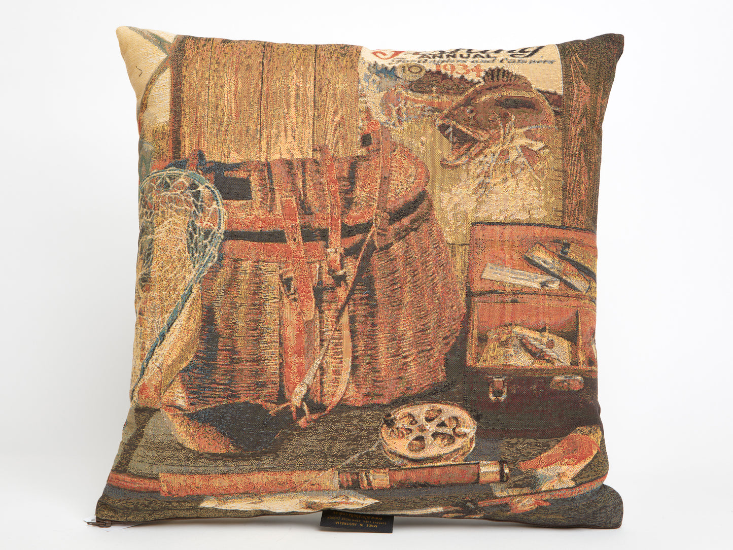 ADORABELLA TAPESTRY CUSHION, DOUBLE SIDED FISHING MOTIF, 42cm SQUARE, MADE IN AUSTRALIA.