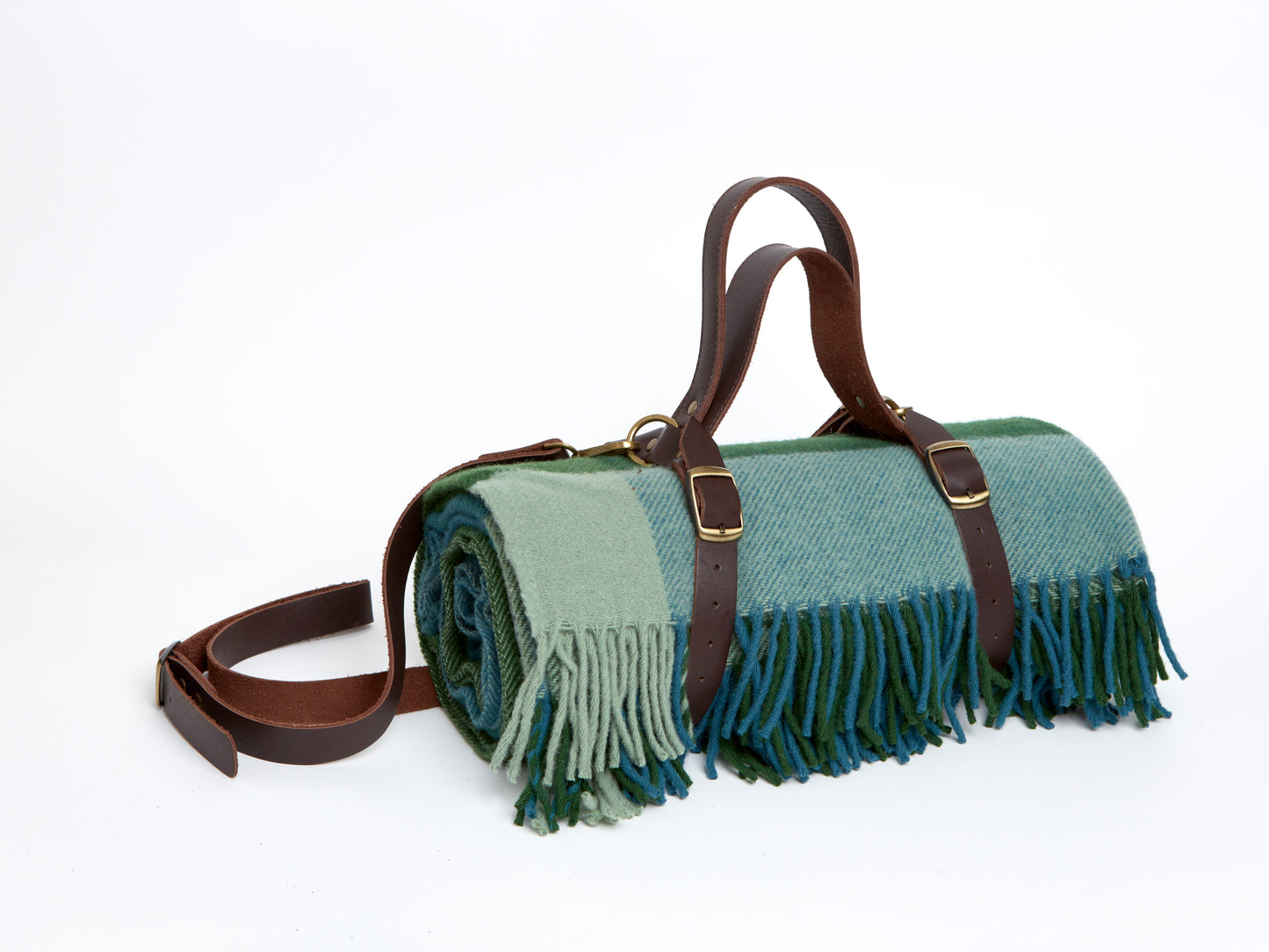 WAVERLEY MILLS MERINO WOOL PICNIC RUG - GRAZE, MISTLETOE, INDIAN TEAL & ARTICHOKE, 152 x 170cm, WITH LEATHER CARRIER AND SHOULDER STRAP.