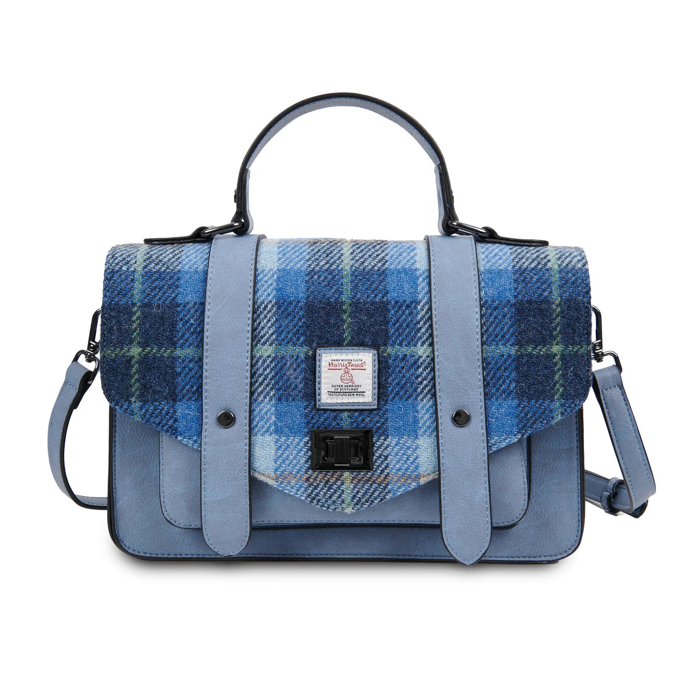 ISLANDER UK, LARGE SATCHEL, BLUE HARRIS TWEED TARTAN, L:28cm H:19cm W:9cm