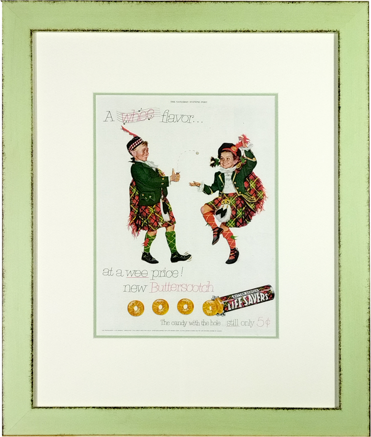 ORIGINAL VINTAGE LIFESAVERS ADVERTISMENT, 33 x 24cm, CUSTOM MADE FRAME 59 x 49cm.