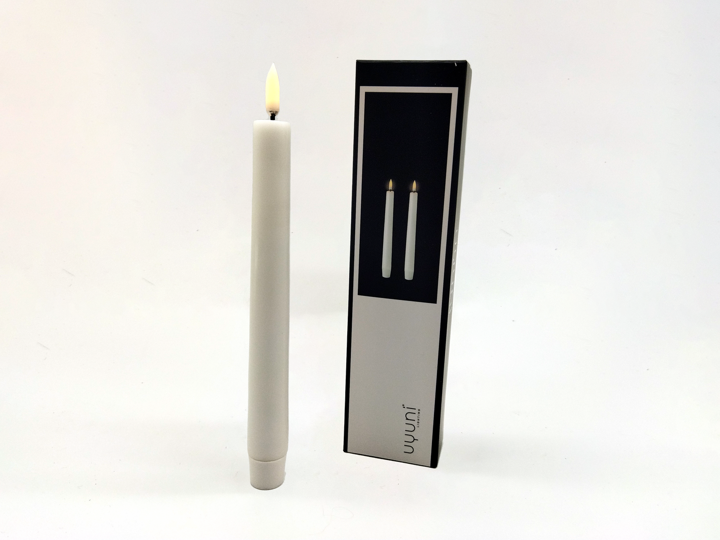 UYUNI REAL WAX FLAMELESS SHORT TAPER CANDLE 2 PACK, NORDIC WHITE, 2.3 x 20cm. Batteries included.