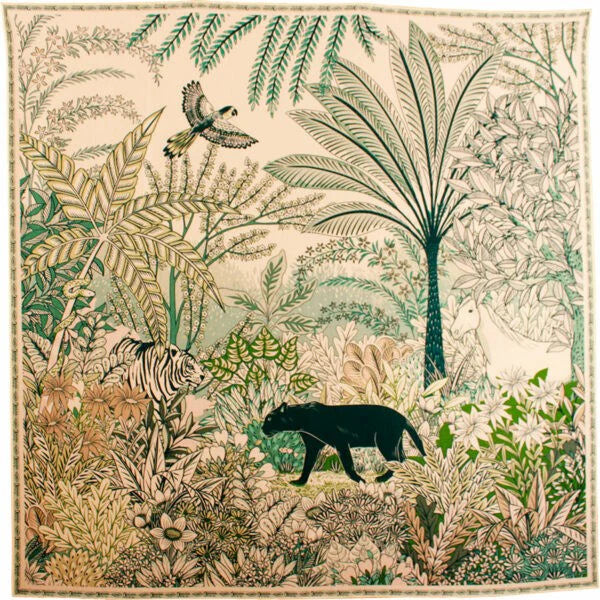 MAISON FANLI, PANTHER NIGHT WOOL & SILK SCARF, BEIGE, 110cm SQUARE.